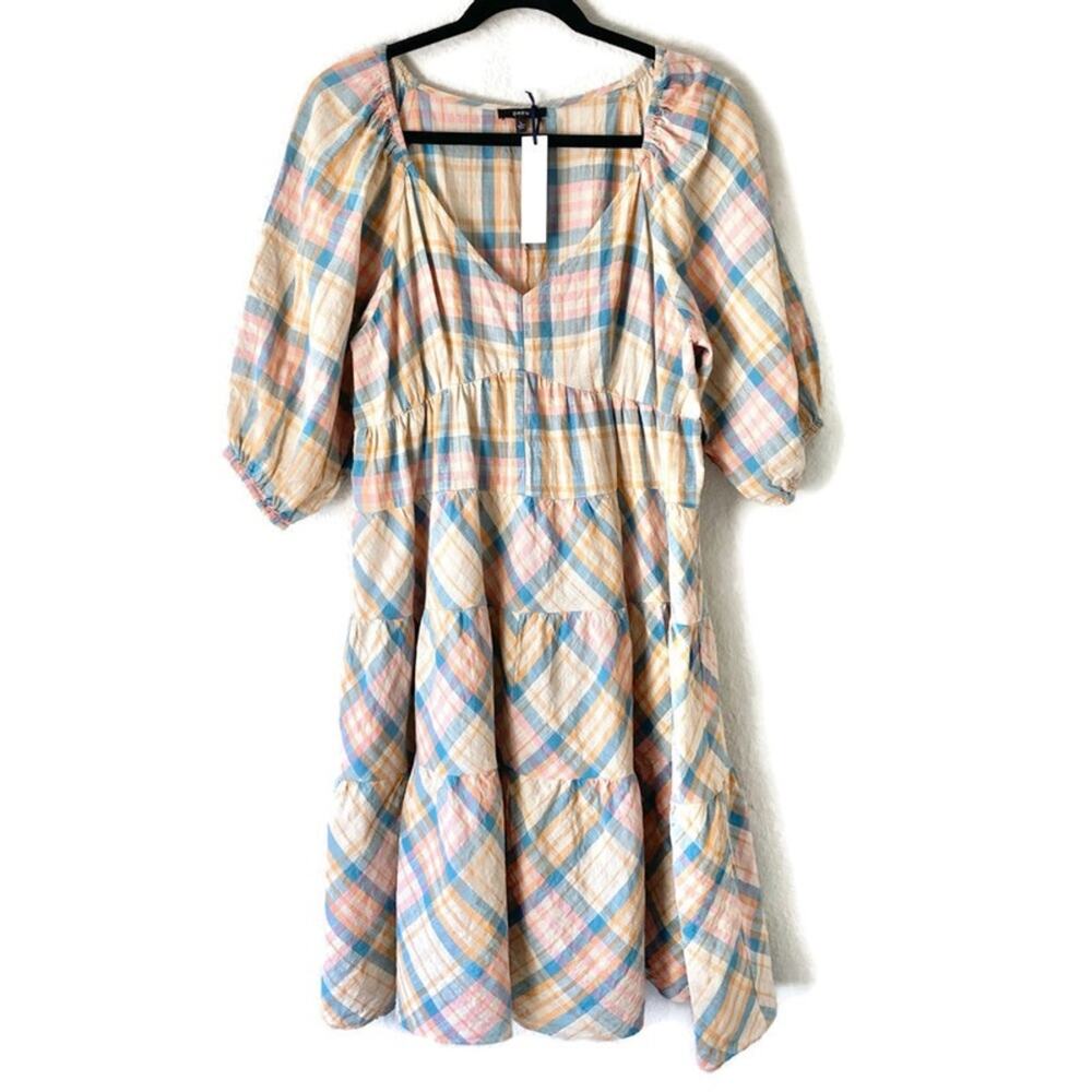 DREW by Anthropologie Tan & Pink Plaid Cottagecore Ruffle Dress Size Large